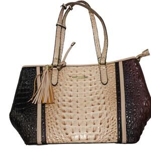 Brahmin Leather Tote Purse Crocodile Embossed Tan Brown Zip Top Shoulder Bag